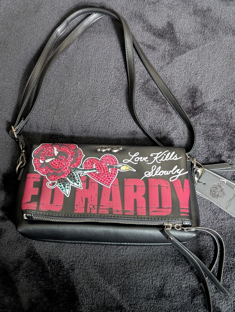 2/$50 Ed Hardy Black Shoulder Bag with Rose and Heart Graphics
